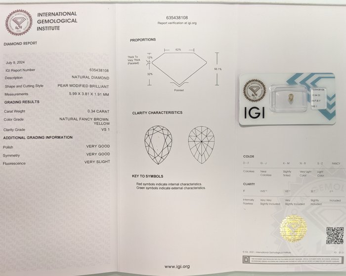 Ingen mindstepris - 1 pcs Diamant  (Naturfarvet)  - 0.34 ct - Pære - Fancy Brun Gul - VS1 - International Gemological Institute (IGI) - IGI