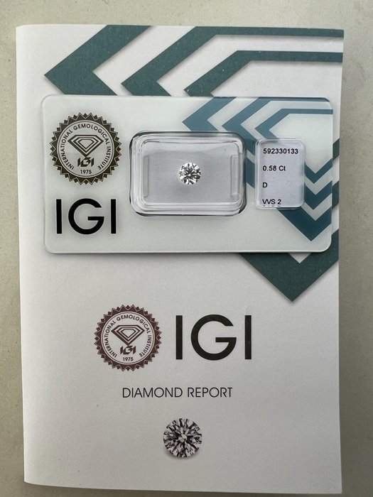 1 pcs Diamant  (Natur)  - 0.58 ct - Rund - D (farveløs) - VVS2 - International Gemological Institute (IGI)