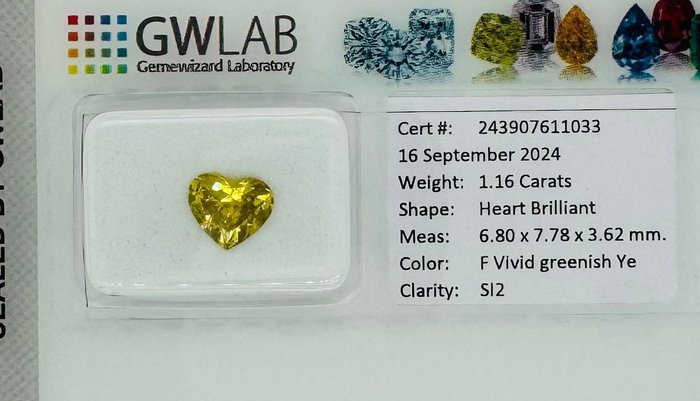 1 pcs Diamant  (Farvebehandlet)  - 1.16 ct - Hjerte - Fancy vivid Grønlig Gul - SI2 - Gemewizard Gemological Laboratory (GWLab)