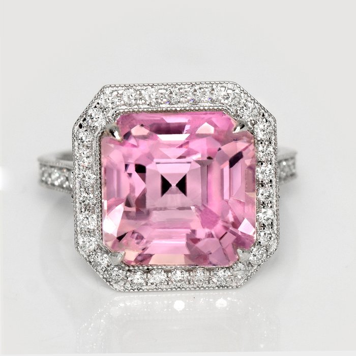 Ingen mindstepris - Ring - 14 karat Hvidguld -  11.10ct. tw. Kunzit - Diamant - IGI 10,45 ct Pink