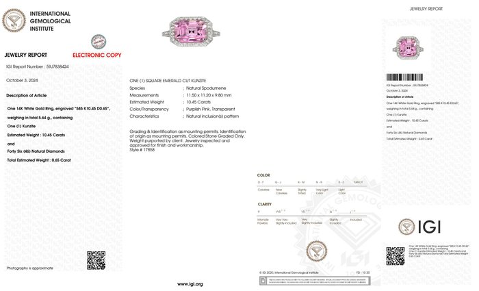 Ingen mindstepris - Ring - 14 karat Hvidguld -  11.10ct. tw. Kunzit - Diamant - IGI 10,45 ct Pink