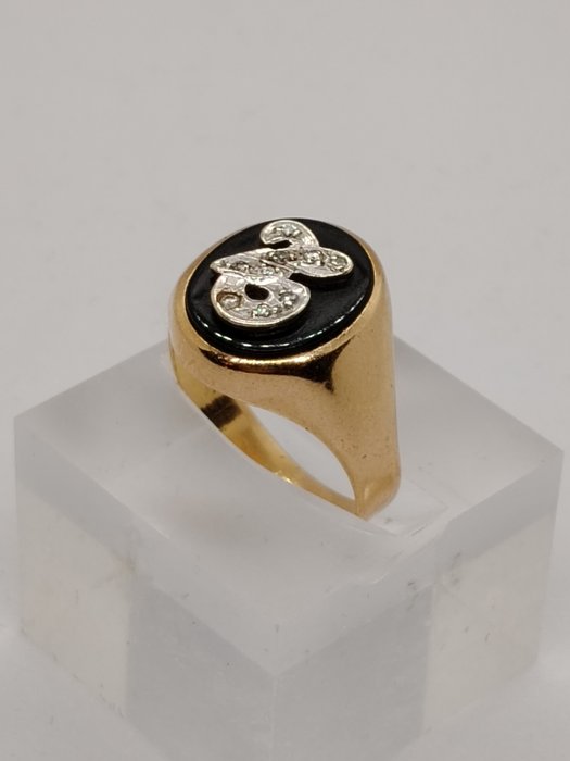 Signetring - 18 kraat Gulguld, Hvidguld Onyx - Diamant