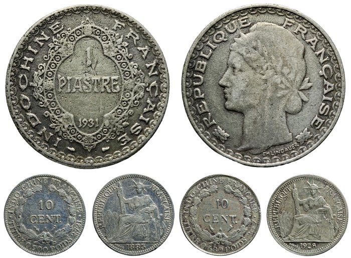 Fransk Indokina. Lot consisting of 1 Piastre 1931 Paris mint,  KM 19 and 10 Cents 1885 KM 2 and 1928 A KM 16.1  (Ingen mindstepris)