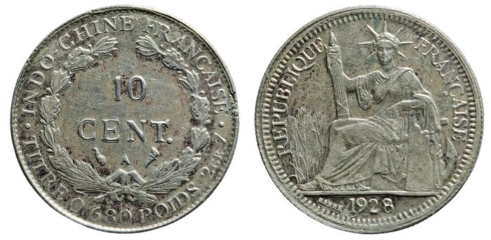 Fransk Indokina. Lot consisting of 1 Piastre 1931 Paris mint,  KM 19 and 10 Cents 1885 KM 2 and 1928 A KM 16.1  (Ingen mindstepris)