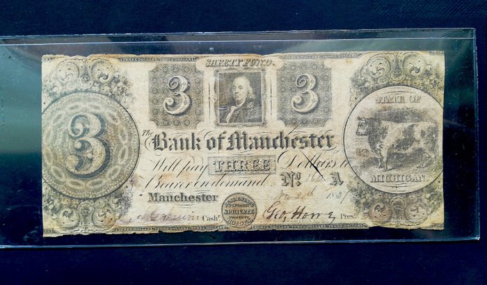 Förenta staterna - 3 Dollars - 1837 - Obsolete Currency - The Bank of Manchester  (Ingen mindstepris)