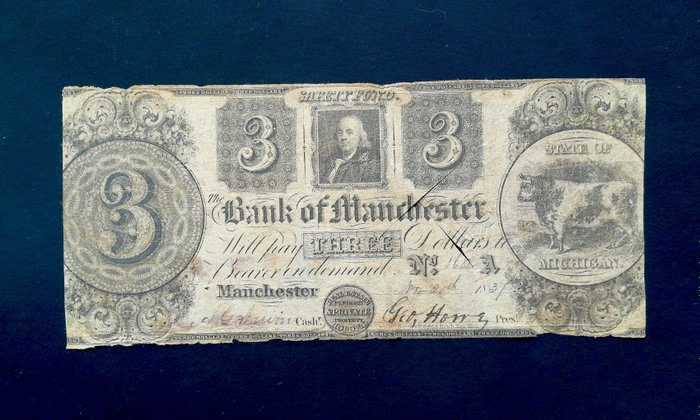 Förenta staterna - 3 Dollars - 1837 - Obsolete Currency - The Bank of Manchester  (Ingen mindstepris)