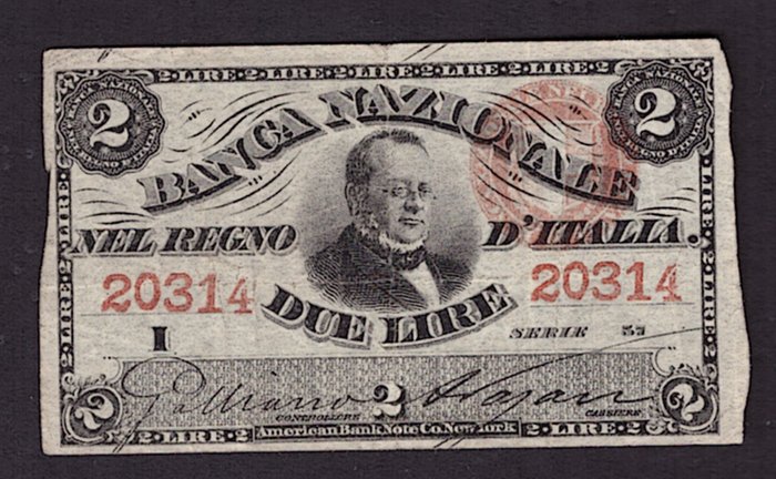 Italien. - 2 Lire 25-07-1866 Banca Nazionale nel Regno - Gigante BNR 2B  (Ingen mindstepris)