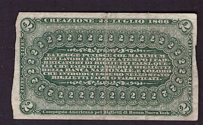 Italien. - 2 Lire 25-07-1866 Banca Nazionale nel Regno - Gigante BNR 2B  (Ingen mindstepris)