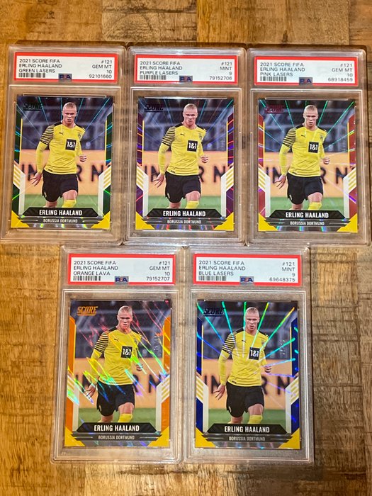 2021 Panini Score FIFA Erling Haaland Lasers - Green /5, Purple /15, Pink /25, Blue /49, Orange Lava /99 - PSA 3x 10s and 2x 9s - 5 Graded card