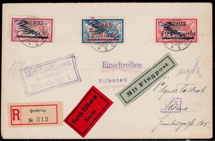 Memel 1922 - Registreret kurerluftpostbrev fra Heydekrug via Hamborg til Altona - Michel 71,77,83