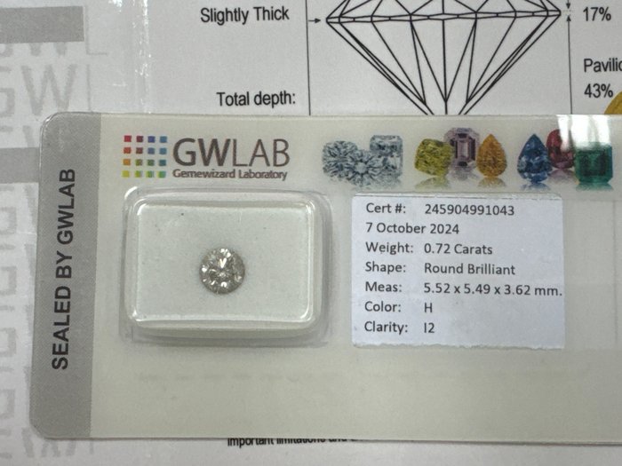 Ingen mindstepris - 1 pcs Diamant  (Natur)  - 0.72 ct - Rund - H - I2 - Gemewizard Gemological Laboratory (GWLab)