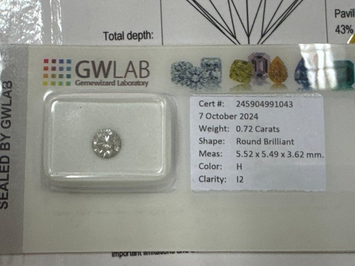 Ingen mindstepris - 1 pcs Diamant  (Natur)  - 0.72 ct - Rund - H - I2 - Gemewizard Gemological Laboratory (GWLab)