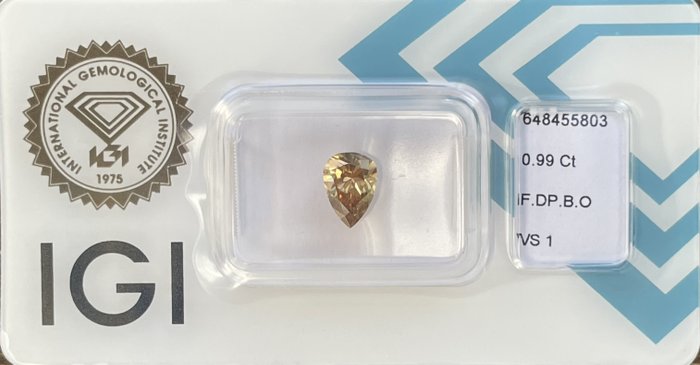 Ingen mindstepris - 1 pcs Diamant  (Natur)  - 0.99 ct - Pære - VS1 - International Gemological Institute (IGI) - Fancy .D.B. Orange