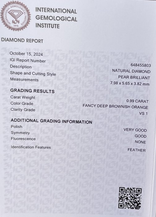 Ingen mindstepris - 1 pcs Diamant  (Natur)  - 0.99 ct - Pære - VS1 - International Gemological Institute (IGI) - Fancy .D.B. Orange