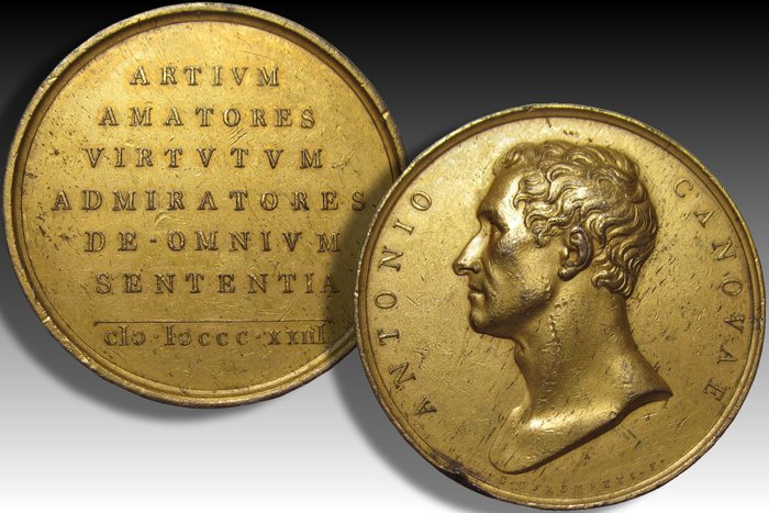 Italien. Historical Medal 50mm AE gilded medal 1823A.D. Antonio Canova - by medallist Giuseppe Girometti -