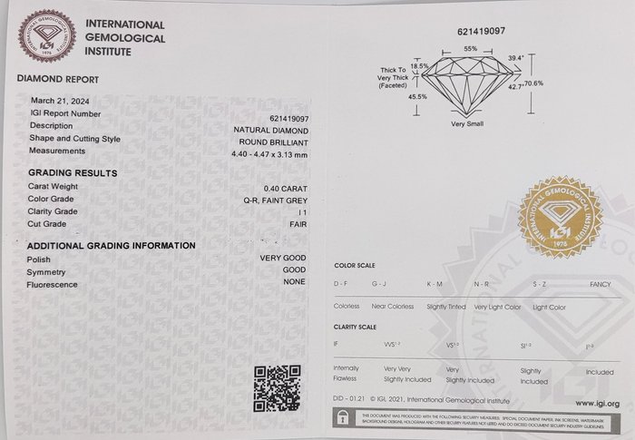 Ingen mindstepris - 1 pcs Diamant  (Naturfarvet)  - 0.40 ct - Rund - Faint Grå - I1 - International Gemological Institute (IGI) - Q - R