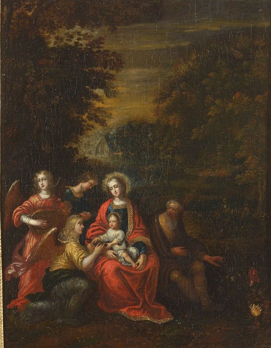 Escuela Flamenca círculo de Antón Mirou (1586-1661) Attributed to - Sainte famille accompagnée d'un ange musicien