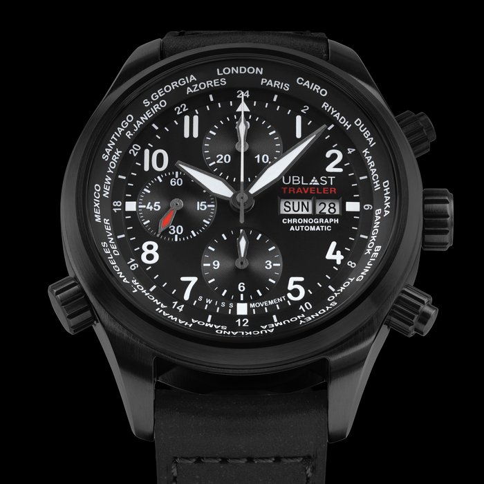 Ublast - " NO RESERVE PRICE " Traveler Chronograph World Time - REF.UBTRCH47BK - Ingen mindstepris - Automatic Swiss MOVT - Mænd - Ny