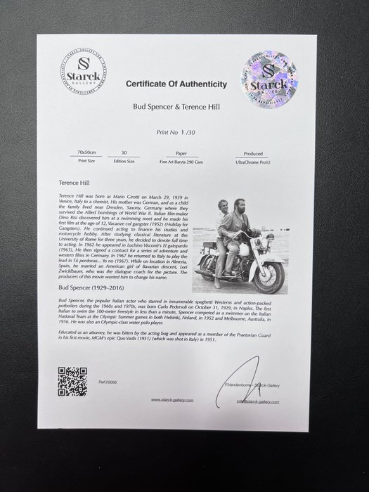 Bud Spencer  Terence Hill - Fine Art Photography - Luxury Wooden Framed 70X50 cm - Limited Edition Nr 06 of 30 - Serial ID 20066 - Original Certificate (COA) Hologram Logo Editor and QR Code - 100% New items