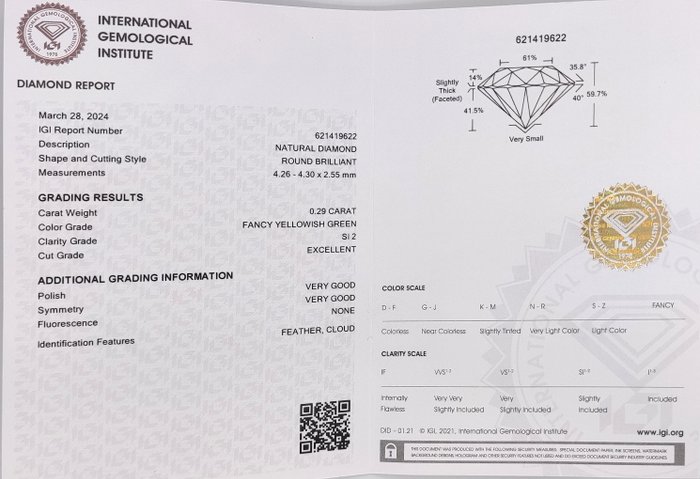 Ingen mindstepris - 1 pcs Diamant  (Naturfarvet)  - 0.29 ct - Rund - Fancy Gullig Grøn - SI2 - International Gemological Institute (IGI)