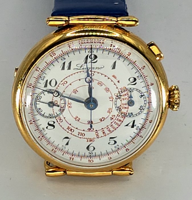 Lugano - vergoldeter (Plaque) Chronograph - Eindrücker Monopusher - Werk Landeron Hahn - Mænd - Schweiz omkring 1935