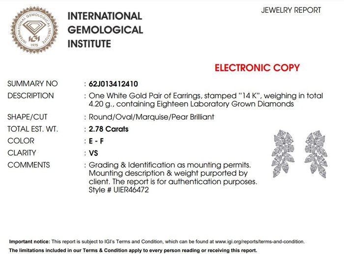 Øreringe - 14 karat Hvidguld -  2.78ct. tw. Diamant (Laboratoriedyrket)