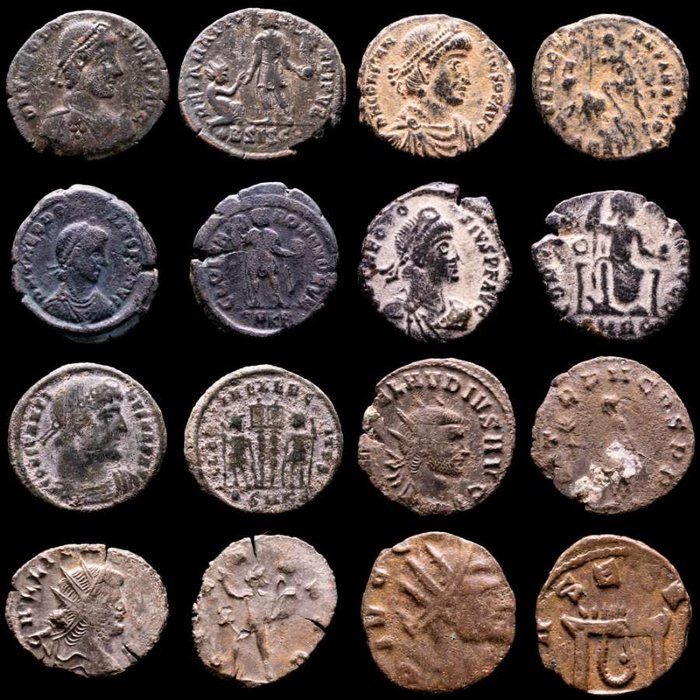 Romarriket. Lot comprising eight (8) AE coins:  Antoninianus, Follis, Maiorinas. Antoninianus, Follis, Maiorinas. Theodosius (3), Constantius II, Constantine I, Claudius II (2), Gallienus  (Ingen mindstepris)