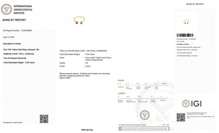 Ring - 14 karat Gulguld -  0.50ct. tw. Diamant (Naturfarvet)