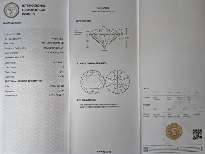 1 pcs Diamant  (Natur)  - 1.54 ct - Rund - I - SI1 - International Gemological Institute (IGI)