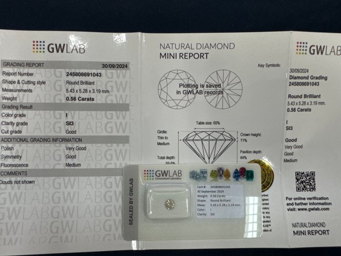 Ingen mindstepris - 1 pcs Diamant  (Natur)  - 0.56 ct - Rund - I - SI3 - Gemewizard Gemological Laboratory (GWLab)