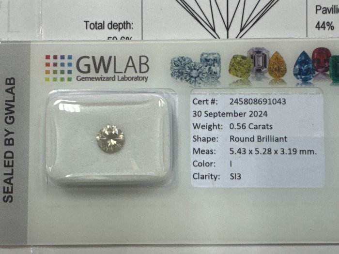 Ingen mindstepris - 1 pcs Diamant  (Natur)  - 0.56 ct - Rund - I - SI3 - Gemewizard Gemological Laboratory (GWLab)