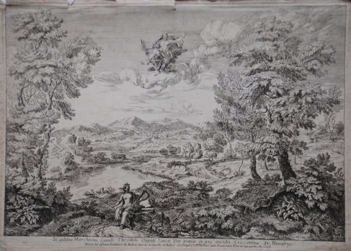 Crescenzio Onofri (1632 after-1712 after) - Landscape with a woman playing a lyre with Jupiter above in the heavens