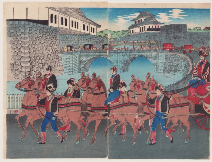 The Imperial Phoenix Carriage Leaves the Palace for the Military Review at Aoyama - Kojima Shōgetsu 小島勝月 (act ca 1870–1904) - Japan -  Meiji-perioden (1868-1912)