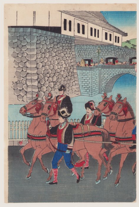 The Imperial Phoenix Carriage Leaves the Palace for the Military Review at Aoyama - Kojima Shōgetsu 小島勝月 (act ca 1870–1904) - Japan -  Meiji-perioden (1868-1912)