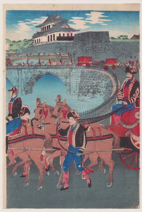 The Imperial Phoenix Carriage Leaves the Palace for the Military Review at Aoyama - Kojima Shōgetsu 小島勝月 (act ca 1870–1904) - Japan -  Meiji-perioden (1868-1912)