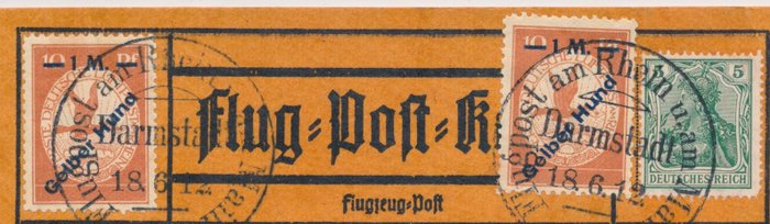 Tyske Kejserrige 1912 - Rhein-Main luftpost "Yellow Dog", multiple frankering, med trykfejl "Huna" i stedet for "Dog" - Michel Nr. IV (2), Stempel Darmstadt 18.06.12