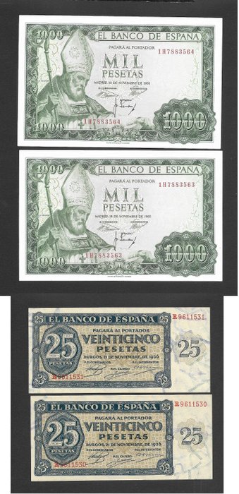 Spanien - 2 x 25 and 2 x 1000 Pesetas - 1936-1965 - consecutives - Pick 99 and 151