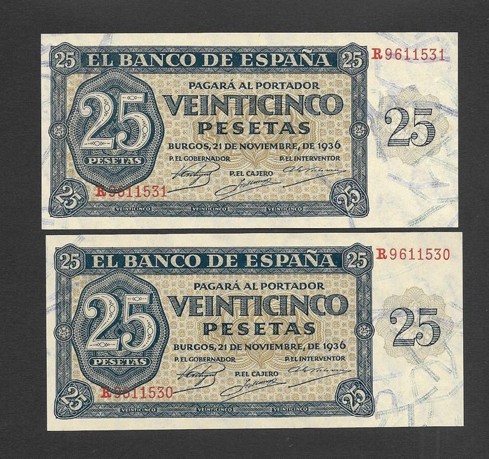 Spanien - 2 x 25 and 2 x 1000 Pesetas - 1936-1965 - consecutives - Pick 99 and 151