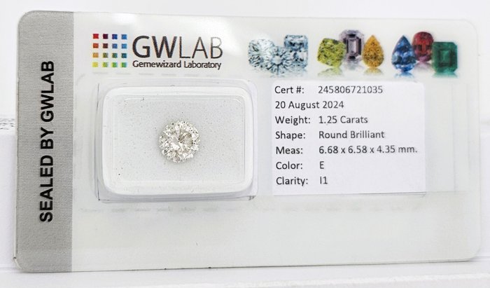 1 pcs Diamant  (Natur)  - 1.25 ct - Rund - E - I1 - Gemewizard Gemological Laboratory (GWLab)