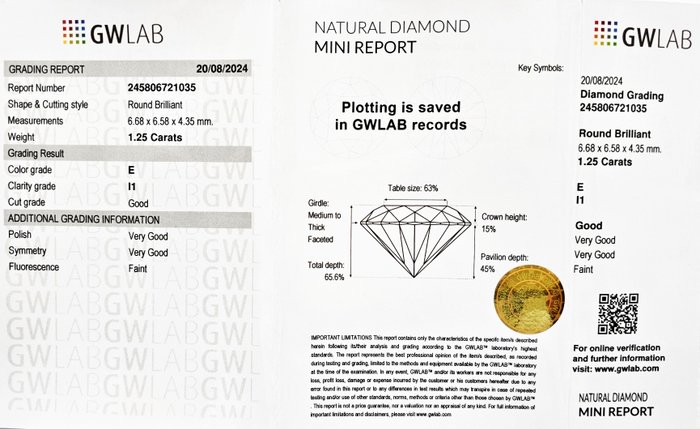 1 pcs Diamant  (Natur)  - 1.25 ct - Rund - E - I1 - Gemewizard Gemological Laboratory (GWLab)