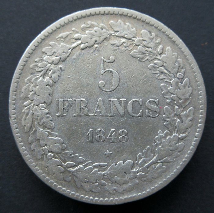 Belgien. Leopold I (1831-1865). 5 Francs 1848 km#3.2  (Ingen mindstepris)