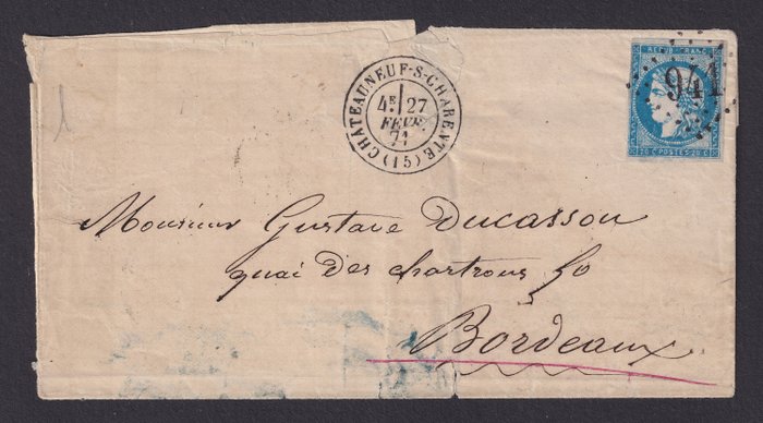 Frankrig 1870 - Bordeaux-nummer, nr. 44A alene på fuldt brev, poststemplet GC. Meget flot stempel - Yvert