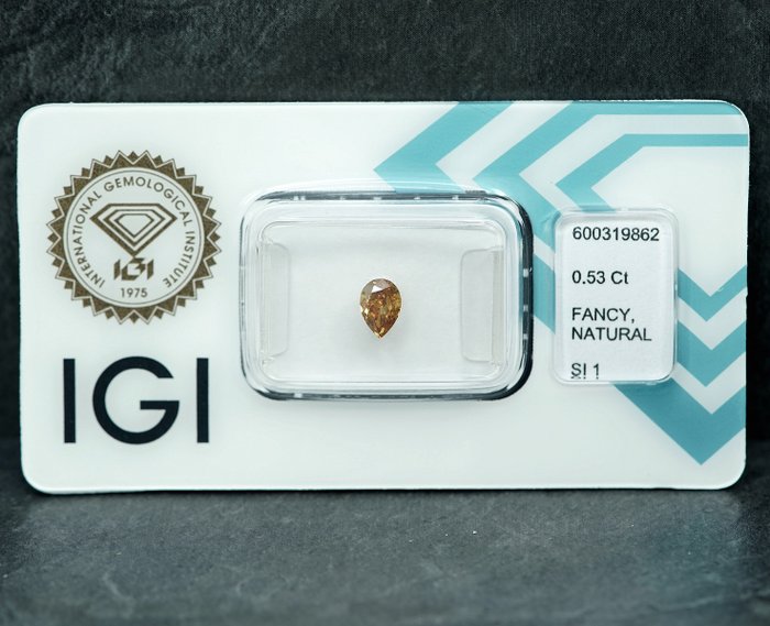 1 pcs Diamant  (Naturfarvet)  - 0.53 ct - Pære - Fancy Gullig Orange - SI1 - International Gemological Institute (IGI)