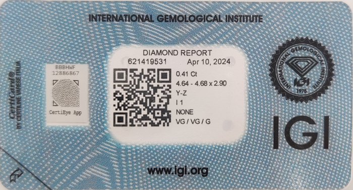 Ingen mindstepris - 1 pcs Diamant  (Natur)  - 0.41 ct - Rund - I1 - International Gemological Institute (IGI) - Y - Z