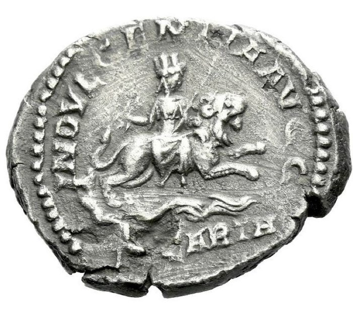 Romarriket. Septimius Severus (AD 193-211). Denarius INDVLGENTIA AVGG / IN CARTH Dea Caelestis riding lion  (Ingen mindstepris)