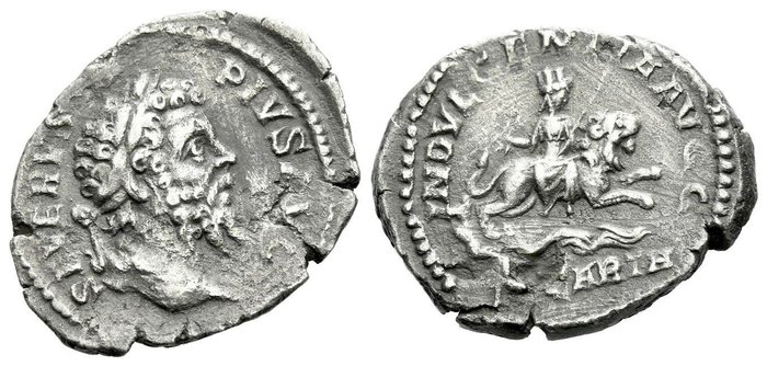 Romarriket. Septimius Severus (AD 193-211). Denarius INDVLGENTIA AVGG / IN CARTH Dea Caelestis riding lion  (Ingen mindstepris)