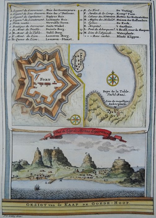 Afrika - Sydafrika / Cape Town / Table Bay / Robben Island; J.N. Bellin - Vue du Cap de Bonne Esperance / Gezigt van Kaap de Goede Hoop - 1721-1750