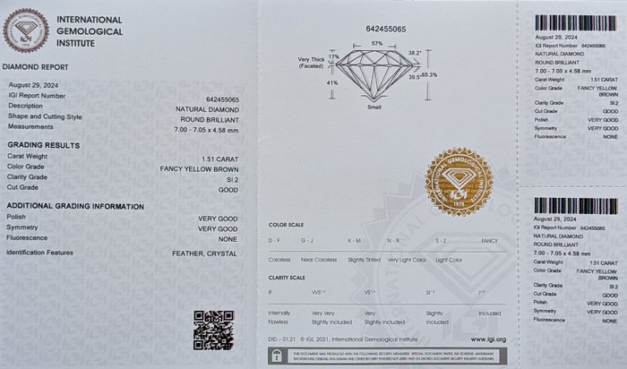 Ingen mindstepris - 1 pcs Diamant  (Naturfarvet)  - 1.52 ct - Rund - Fancy Gul Brun - SI2 - International Gemological Institute (IGI)