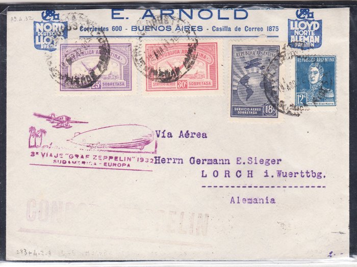 Argentina 1932 - Tredje flyvning til Sydamerika Condor Zeppelin fra Buenos i Tyskland - Michel 240Ba