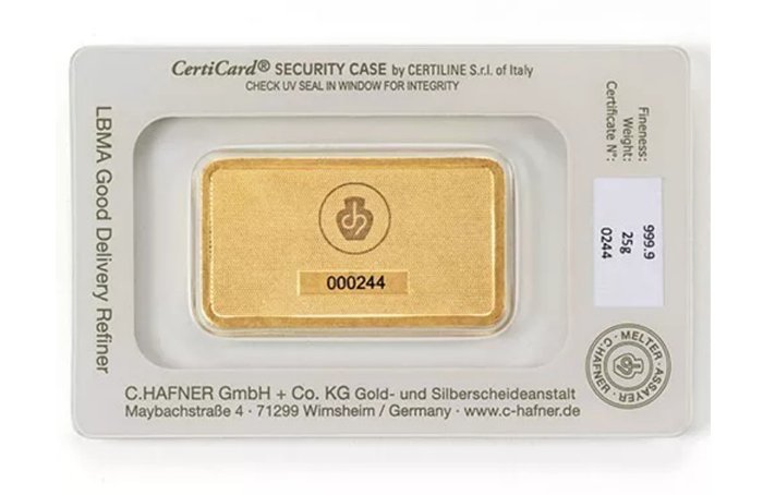 25 gram - Guld 999 - C. Hafner - Deutschland - Goldbarren im Blister CertiCard mit Zertifikat - Forseglet  Med certifikat